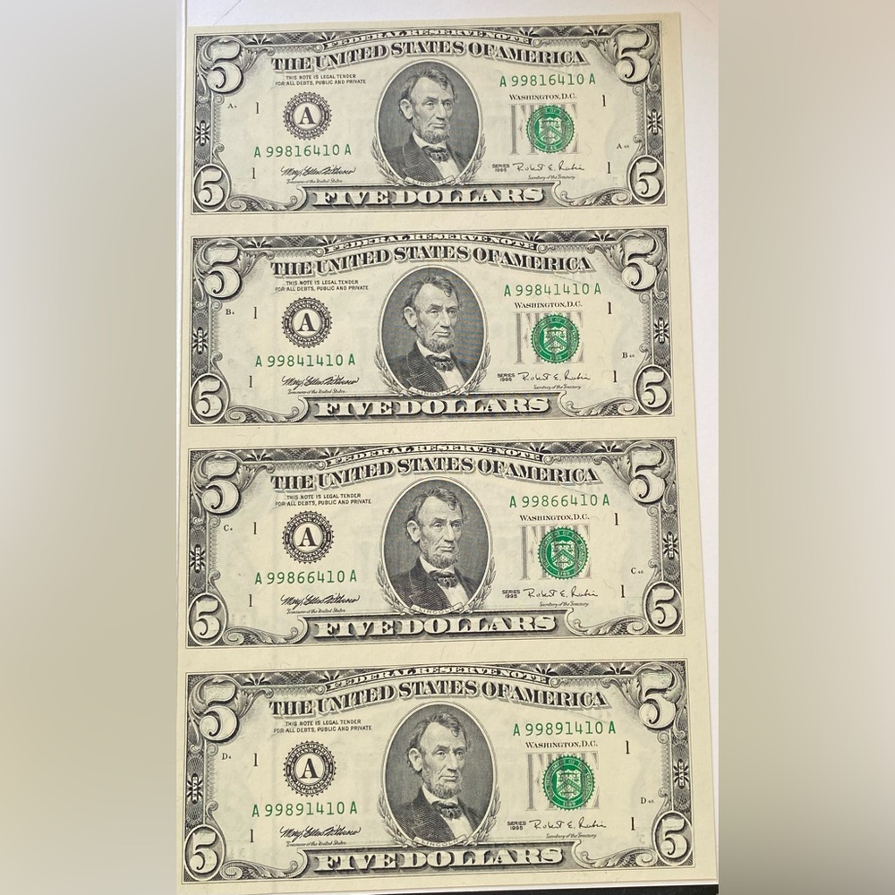 US MINT 1995 UNCUT 5$ BILLS